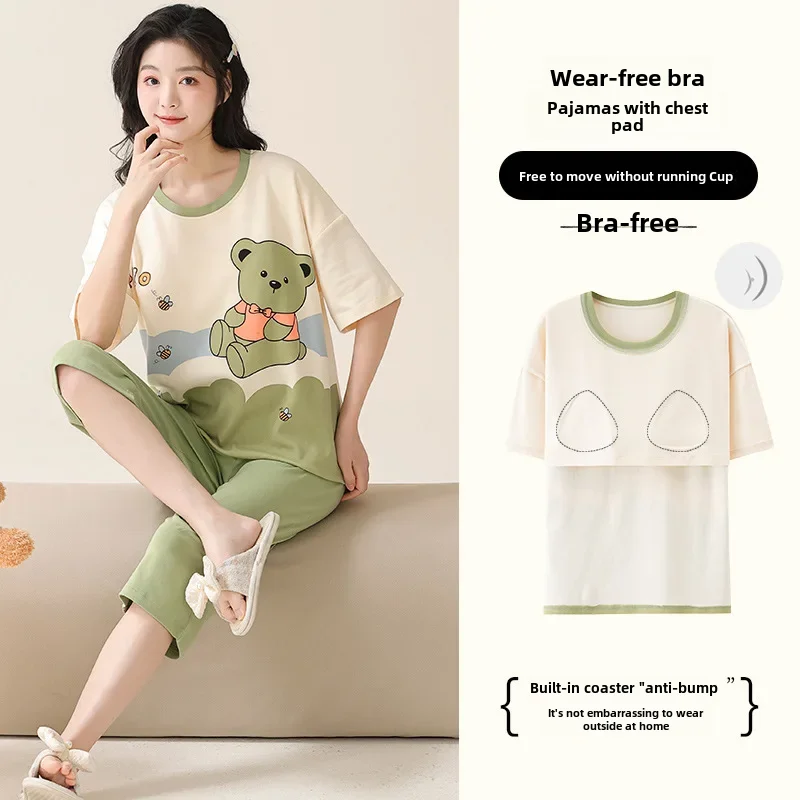 Women's Summer Cotton Pajama Set Chest Pad Short Sleeves Comfortable Sleepwear Two-piece Suit For Home Wear