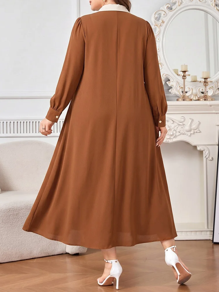 GIBSIE Plus Size Bow Tie Neck Beading Long Dress Women Spring Autumn Long Sleeve Elegant Big Swing Loose Maxi Dresses 2026 New