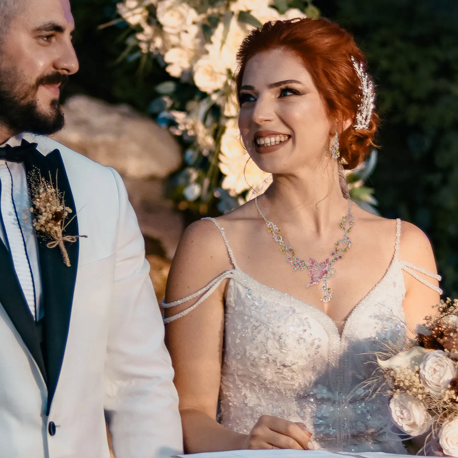 

1Set Rhinestones Earring Necklace Flower Butterflies Jewelry Elegant Gift for Women Special Occasions Rhinestones Earring