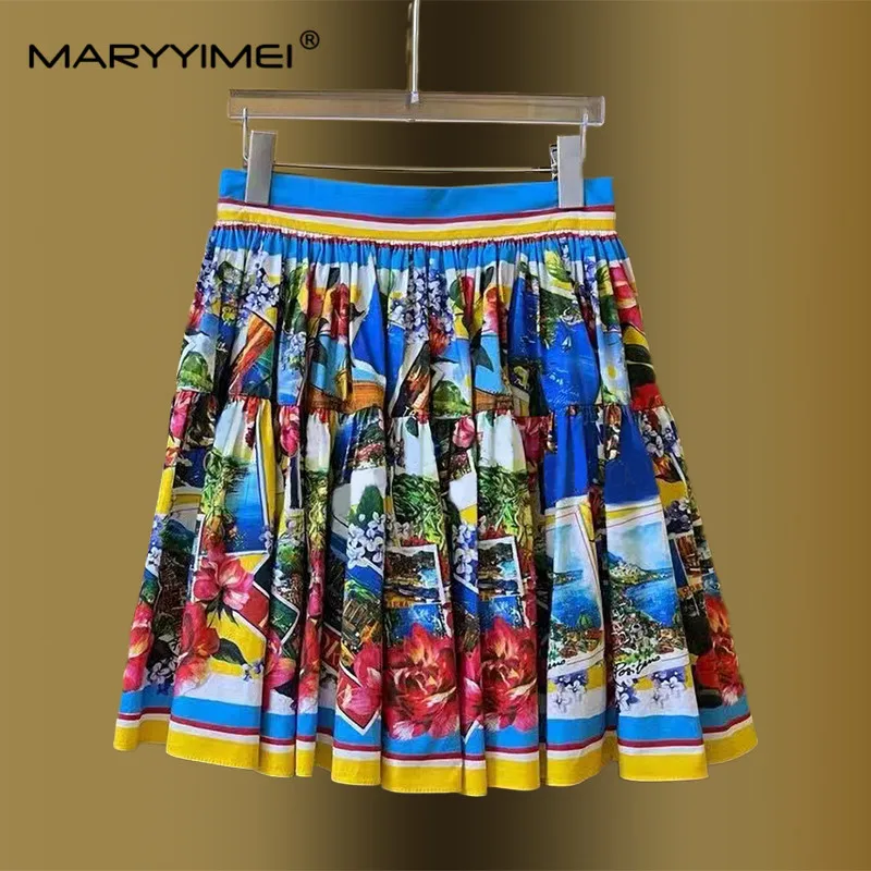 MARYYIMEI Summer Beach Vacation Women\'s Suit Spaghetti Strap Backless Tops+Pleated Skirt Print Cotton 2 Piece Set