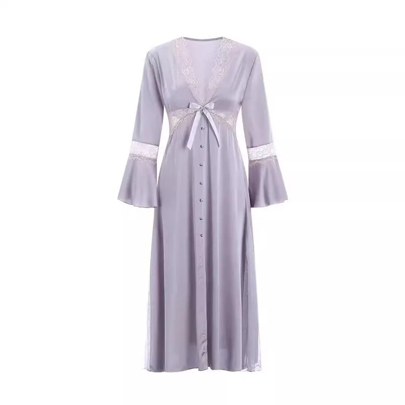 Sexy Nightgowns Women Lace Patchwork Bow Mesh Ice Silk Hollow Out V-neck Flare Sleeve A-line Midi French Style Hotsweet Soft Ins