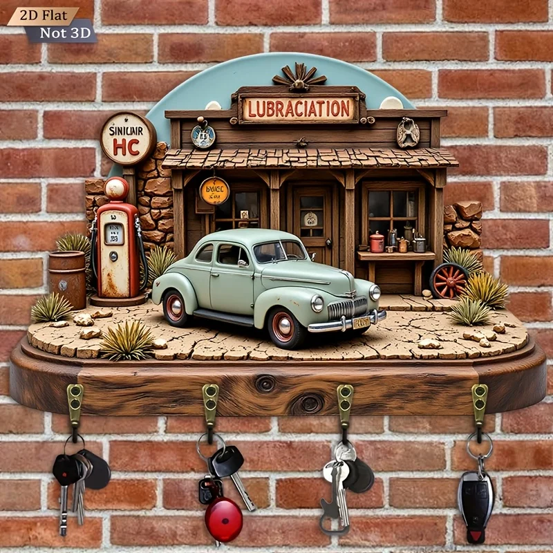 2D Plane. 1pc. Vintage Western-style Gas Station Key Hook - Wooden Multi-functional Decorative Key Holder with Four Metal