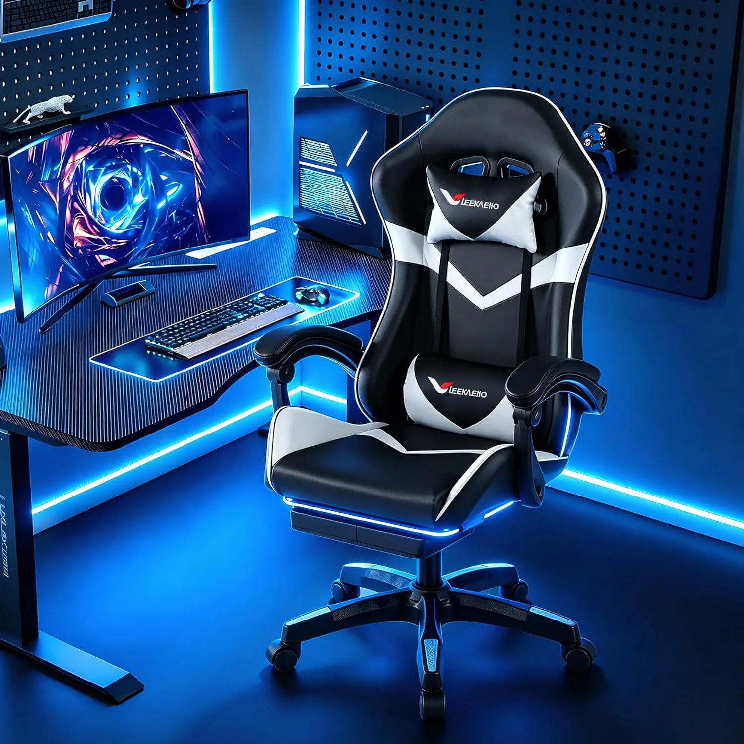 Cadeira Gamer para Adultos, Cadeira Ergonômica para Jogos de Computador com Apoio para os Pés e Suporte Lombar, Altura Ajustável 360° ° Cadeira Giratória Reclinável