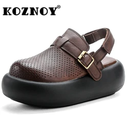 Koznoy 5.5cm Genuine Leather Hook Summer Ankle Boot Round TOE Summer Sandals Fashion Mary Jane Hollow Platform Wedge Women Shoes