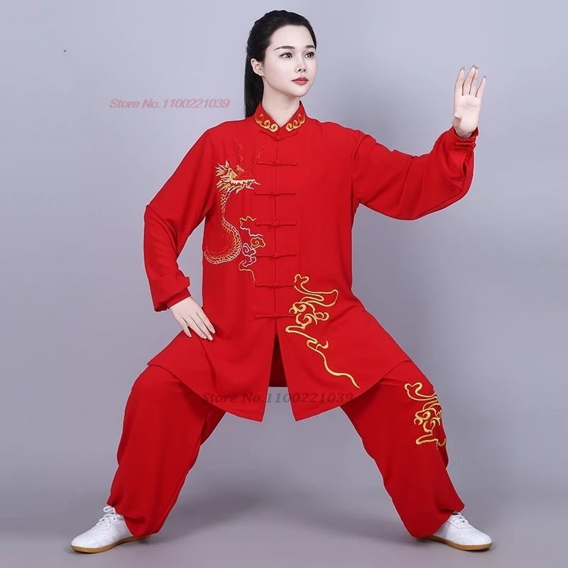 2024 chinese tai chi wushu uniform dragon embroidery morning exercise tops+pants set tai chi kung fu training exercise suit