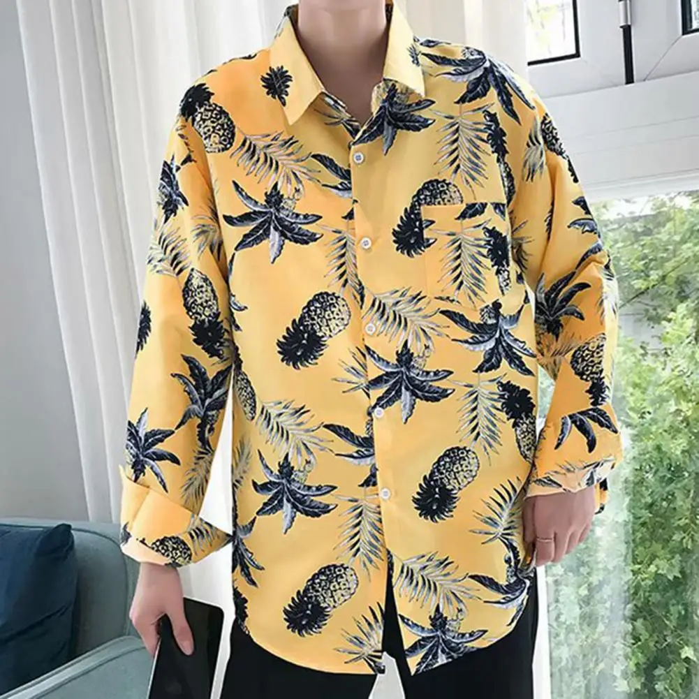 Revers Lange Mouw Single Breasted Patch Pocket Heren Shirt Lente Herfst Kokospalm Print Hawaiian Shirt Top Kledingstuk