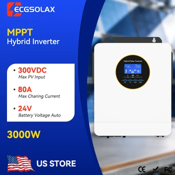 ECGSOLAX 3KW Hybrydowy Inwerter Solarny 24V 110V/120V Off Grid Czysta Sinusoida z MPPT 100A Ładowarka Solarna Maks. Napięcie PV 300V