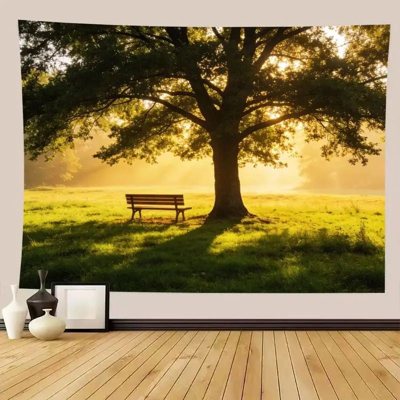 VIKAMA Boho Wall Art Tapestry, Morning Sunshine and Lonely Bench Home Decor
