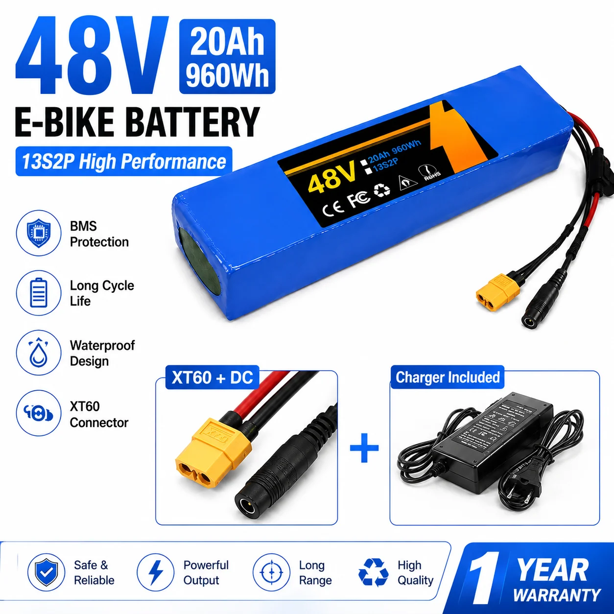 Elektrofahrrad-Akku 48V 30Ah 13S2P Li-Ionen-Akkupack mit intelligentem BMS-Schutz, wasserdichtem Design für E-Bike, E-Scooter, E-Moped-Stromversorgung