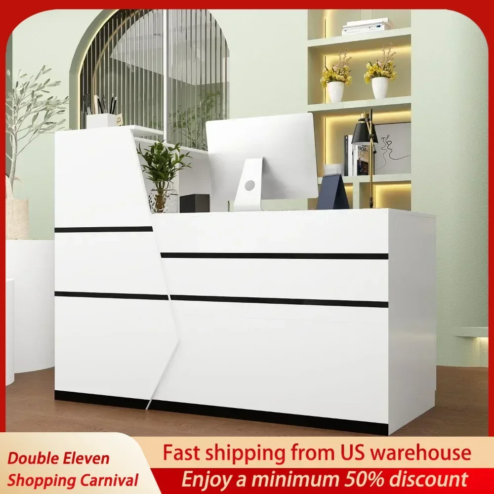 

L-Shaped Reception Desk Counter Desk for Retail & Checkout, Modern Front Counter Table, Black Tapes, for Office Lobby White