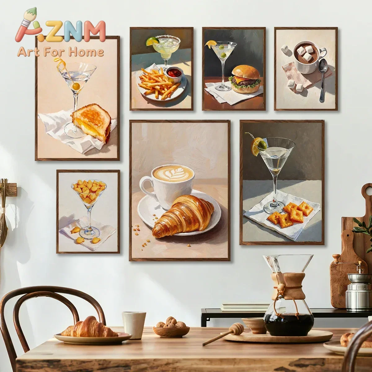 AZNM Retro Food Drink Still Life Canvas Print Unframed Croissant Coffee Cocktail Burger French Fries Painting Poster Kitchen Din