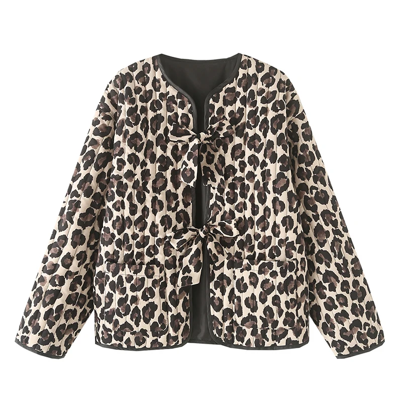 Leopard Print Cotton-padded Clothes Jacket Winter Warm Thick Coat Loose Bowknot Lacing-Up Lady Fashion Female Streetwear