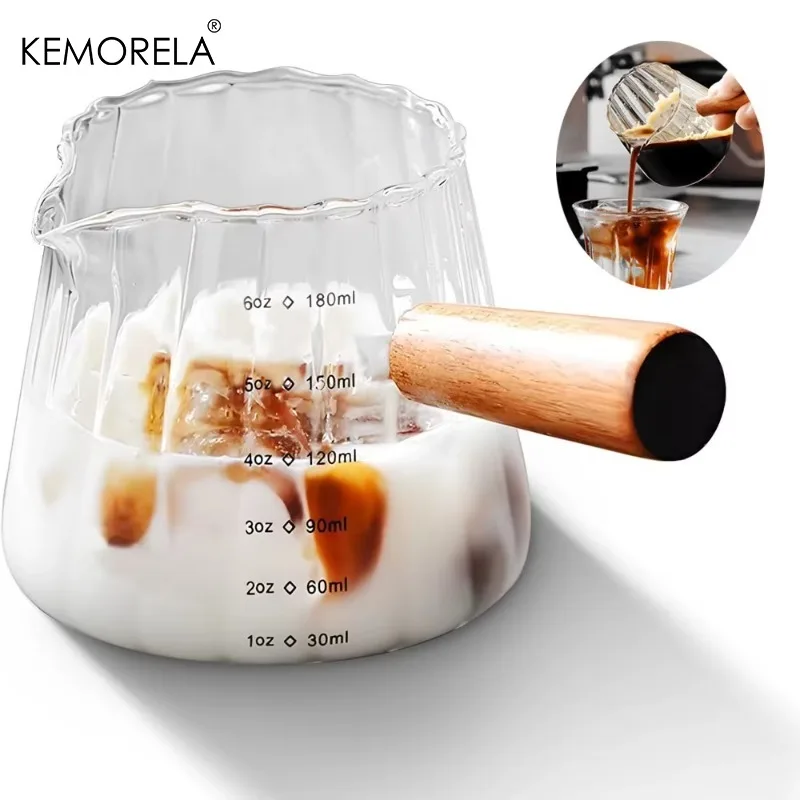 180ML/6 Oz Measuring Cup with Wooden Handle Glass Coffee Extraction Cup with Scale Dishwasher Safe High Temperature Resistant