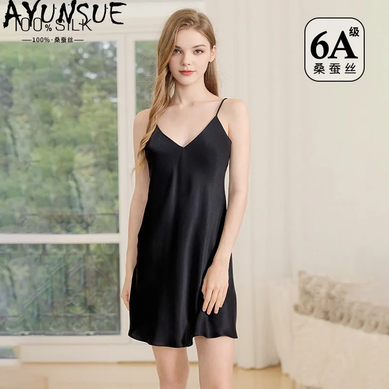 

AYUNSUE 100% Silk Night Dresses for Women Sleeveless Short Night Dress with Chest Pad Sexy Sleepwear Pajamas for Women Пижама