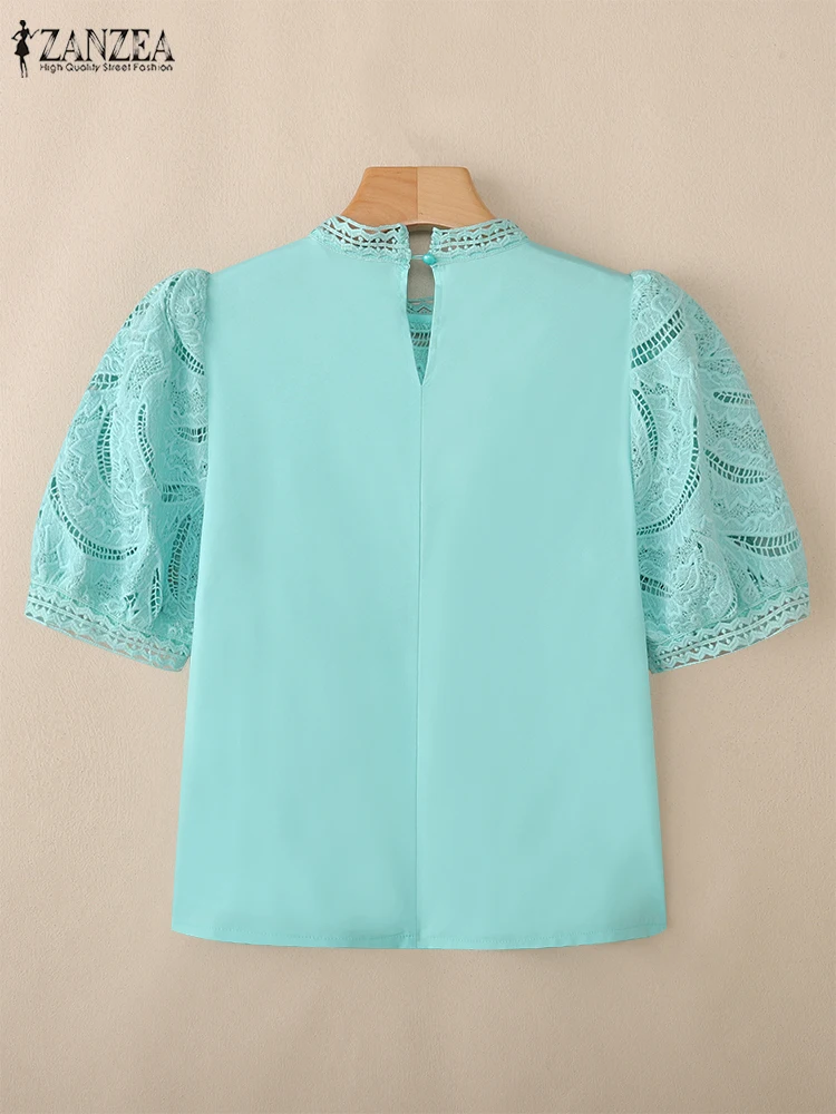 ZANZEA Elegant Chic Openwork Lace Patchwork Blouse Women Stand Collar Short Puff Sleeve Solid Color Tops Woman Clothing 3 Colors