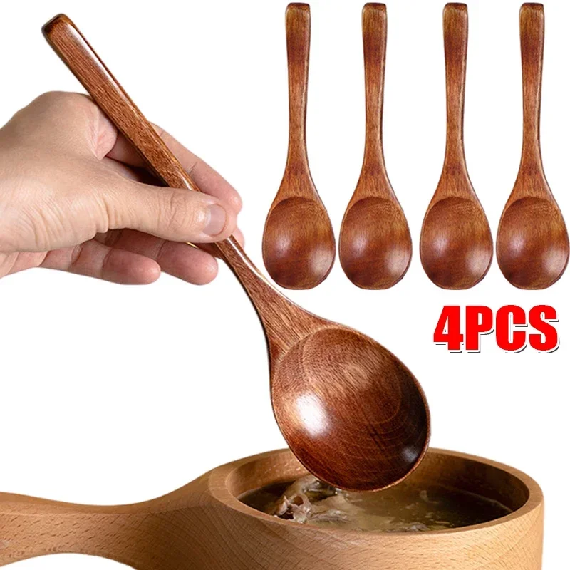 1/4Pcs Wooden Spoon Bamboo Kitchen Korean Style Natural Wood Soup Spoons Mirror Polishing Tableware Honey Coffee Dessert Scoop