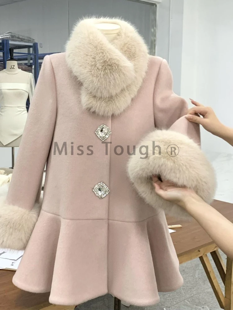 Pink Woolen Vintage Coat Woman Winter New Harajuku Elegant Design Woolen Collar Warm Dress Female Sweet Koea Fashion Chic Jacket