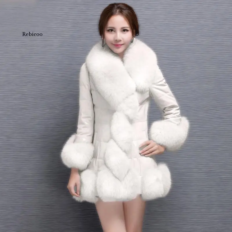 คุณภาพสูง Faux Fox ขนสัตว์ Sheepskin หนังแจ็คเก็ตผู้หญิงเสื้อกระโปรง90% สีขาวห่านลงเสื้อแจ็คเก็ตสตรีฤดูหนาว