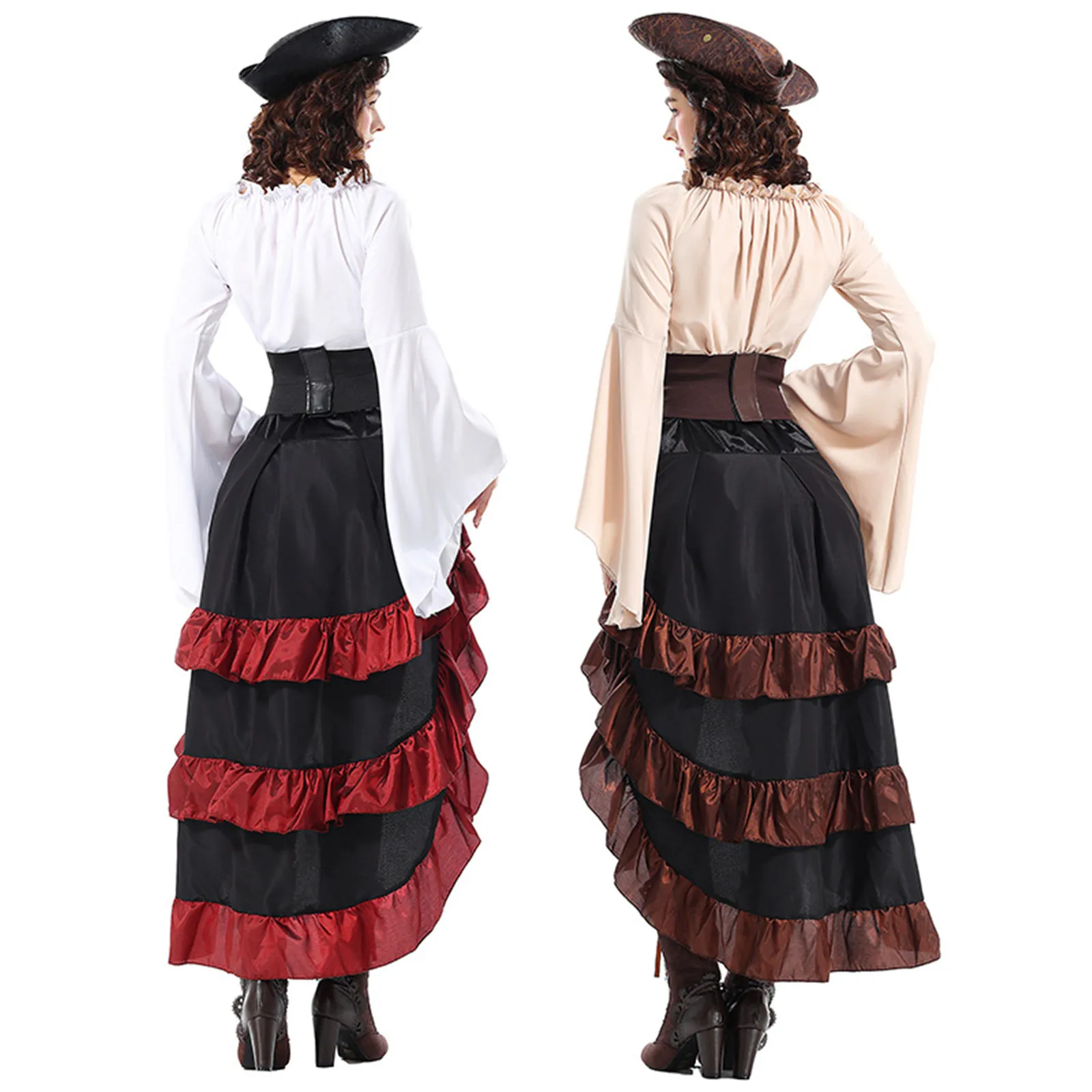 Halloween Pirate Costumes Cosplay Vintage Steampunk Dress Victorian Medieval Ruffled Trim Gothic Skirts Women Corset Skirt