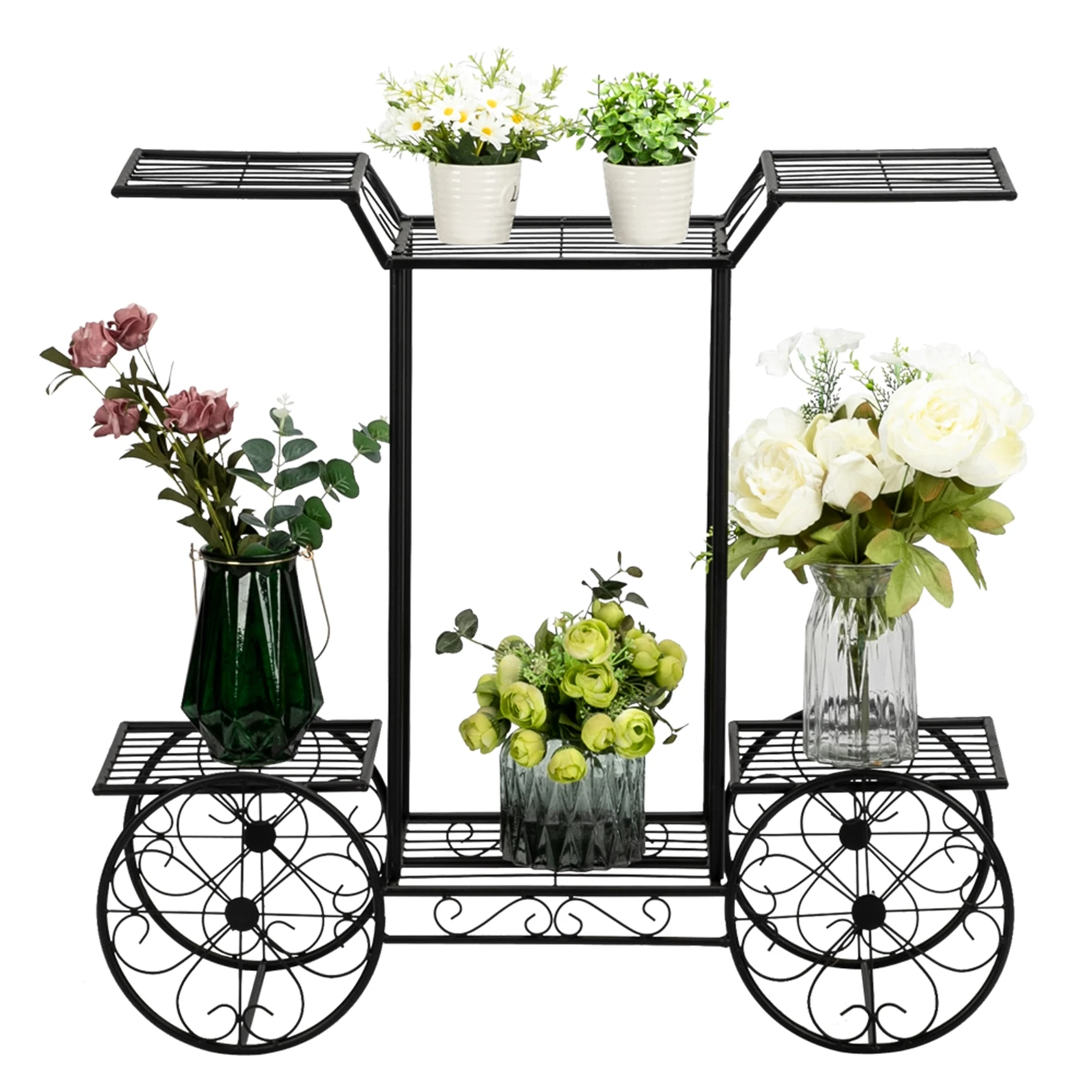 Soporte para 6 plantas con forma de coche de pintura, negro, estante para plantas de madera multiusos, resistente, ideal para decoración de jardín interior, diseño que ahorra espacio