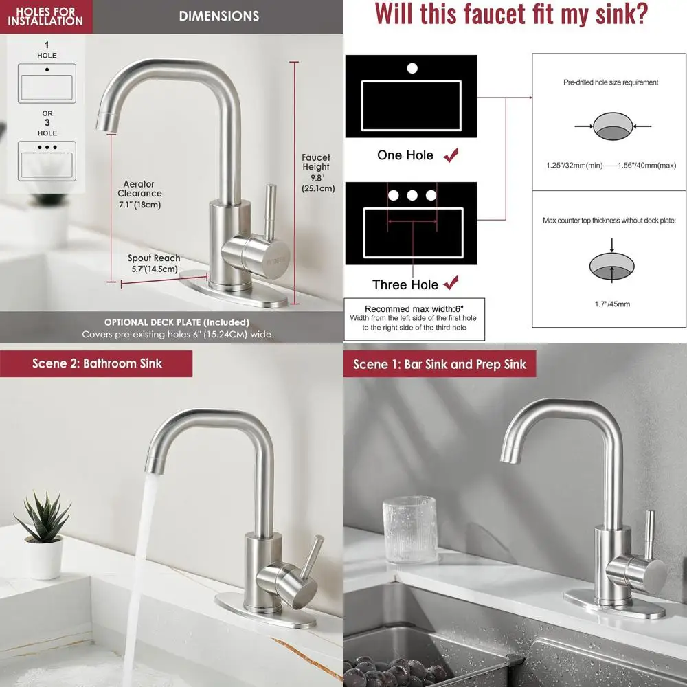 

Stainless Steel Single Handle Bar Faucet with 3-Hole Deck Plate for RV, Camper, Outdoor, and Farmhouse Kitchen Sinks - Brushed N