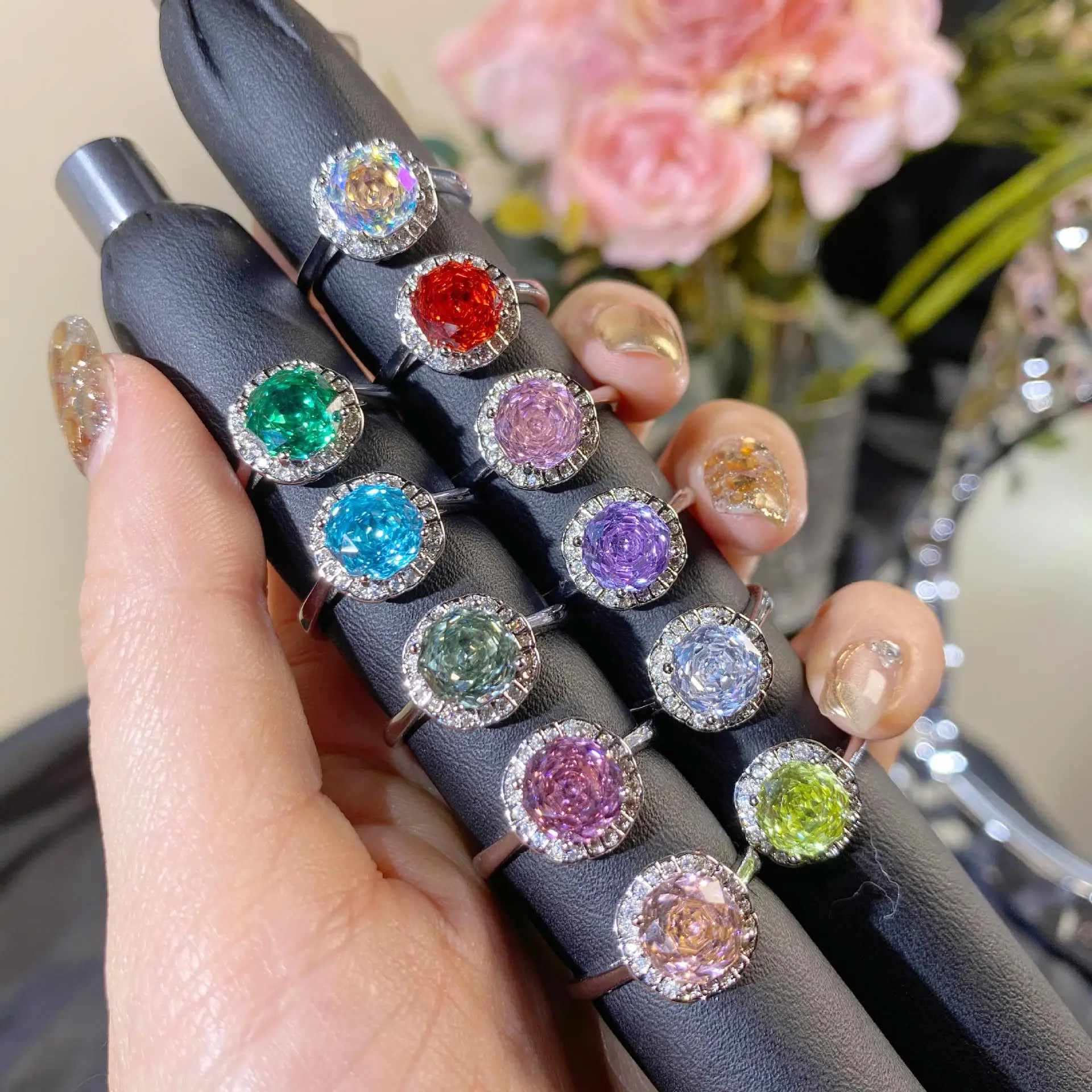 

New Luxury Style Octagonal Rose Cut White Moonlight Color High Carbon Zirconia Ring Adjustable Female Opening Engagement