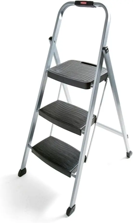 

3-Step Steel Ladder,Folding Step Stool With Hand G And Non-Slip Feet, Silver, Tested To Ansi Us Safety Standards, No Assembly