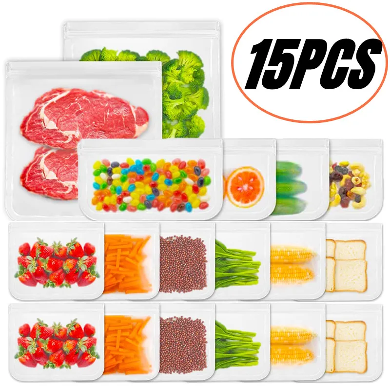 

15PCS EVA Food Storage Bags Silicone Snack Fruit Packing Organizer Leakproof Ziplock Bag Double Sealed Freezer Safe Storage Bag