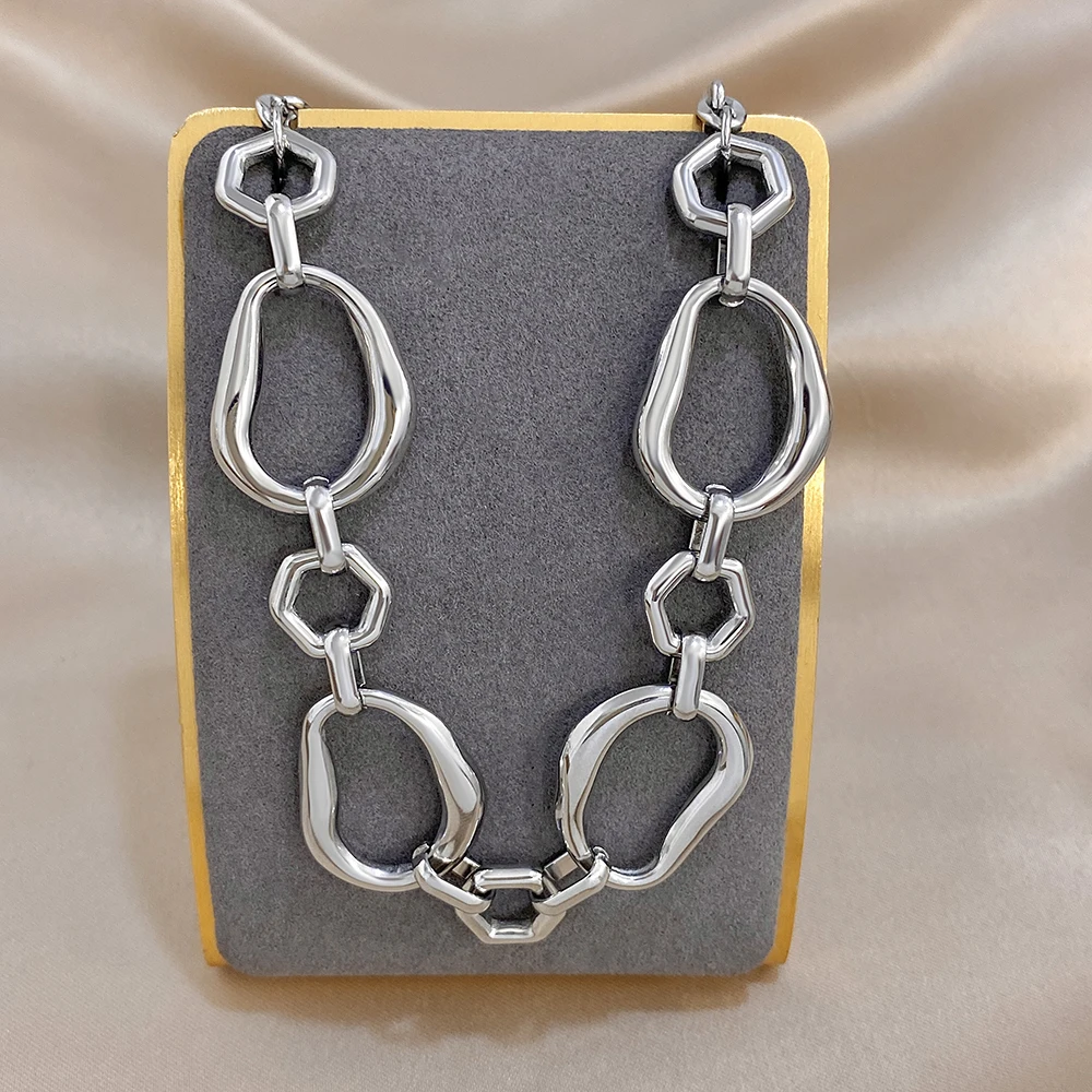 Irregular Geometric Circle Chain Necklaces for Women Fashion Gold Silver Color Stainless Steel Necklace Waterproof Jewelry view 5