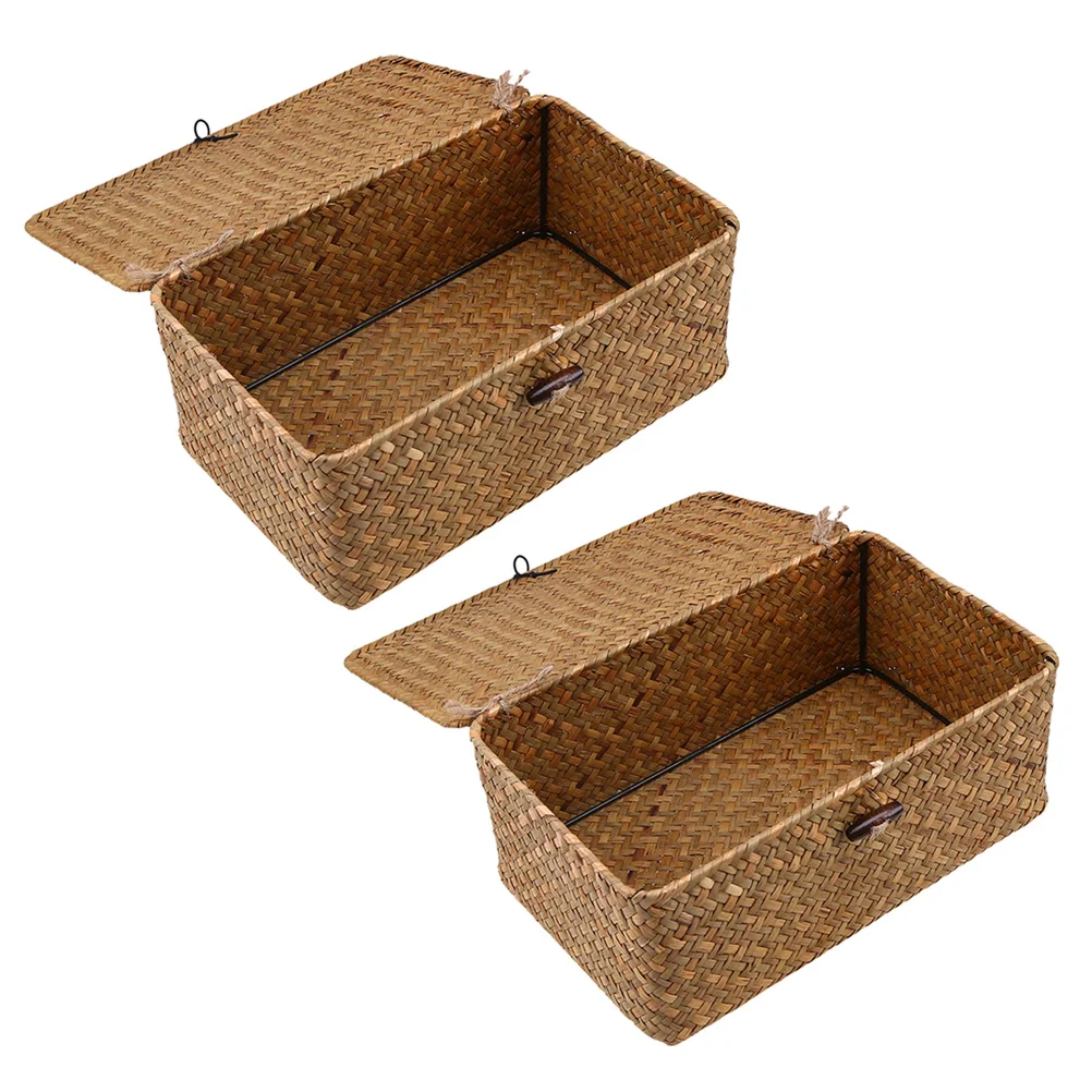 

2PCS Seaweed Woven Basket Straw Woven Storage Box Hand-woven Storage Basket Woven Storage Basket Seaweed Woven Storage Box