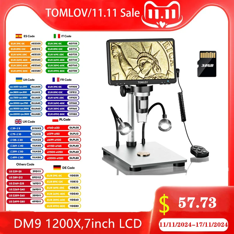 Tomlov Microscópio Digital Usb Dm9 1200x 1080p Lcd Microscópio de Vídeo para Adulto Eletrônico Solda pc Vista Moeda Lupa