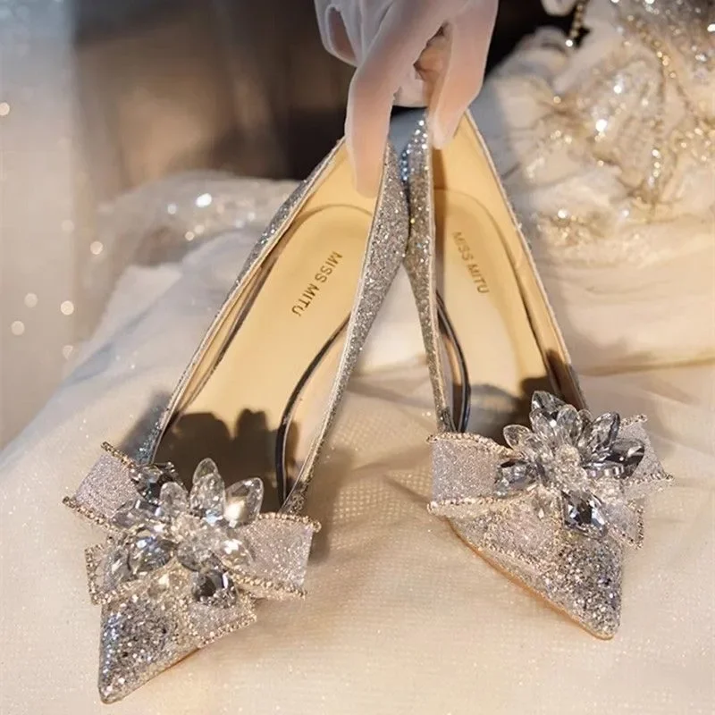 Wedding Shoes for Women Bride Luxury High Heels Stiletto Silver Gold Elegant Dress Evening Parties Pointed Toe Designer