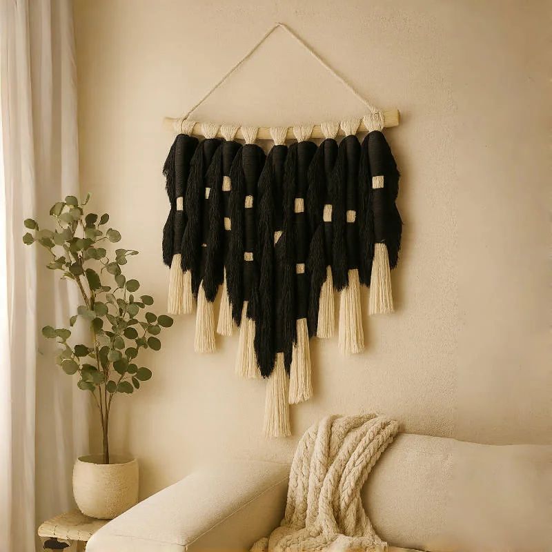 

Luxury Black White Woven Tassel Macrame Wall Hanging Handmade Cotton Rope Wooden Rod Wall Art Home Decor