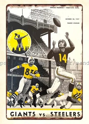 living room garage wall sign 1957 NY Pittsburgh Football Program metal tin