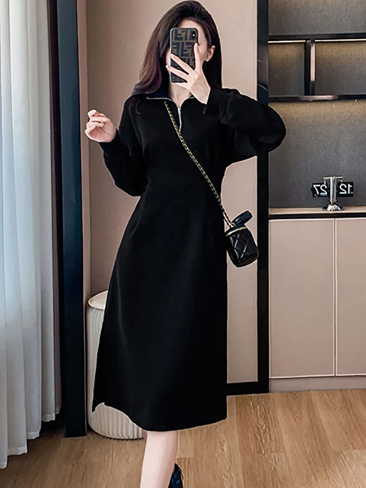 Herbst Winter Schwarz Langarm Polo Kragen Midi Kleid Frauen Vintage Hepburn Luxus Abendkleid 2025, Koreanische Elegante Prom Kleid