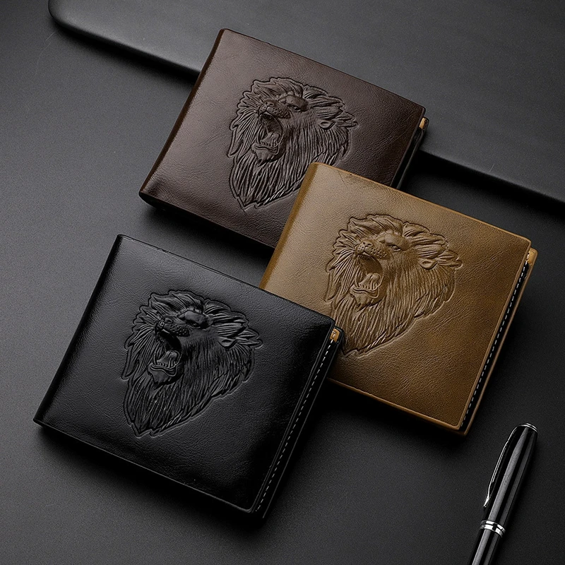 

Men's Wallet Retro Business Card Bag with Multiple Card Slots and Large Capacity Coin Purse Embossed Lion Head Horizontal Desig