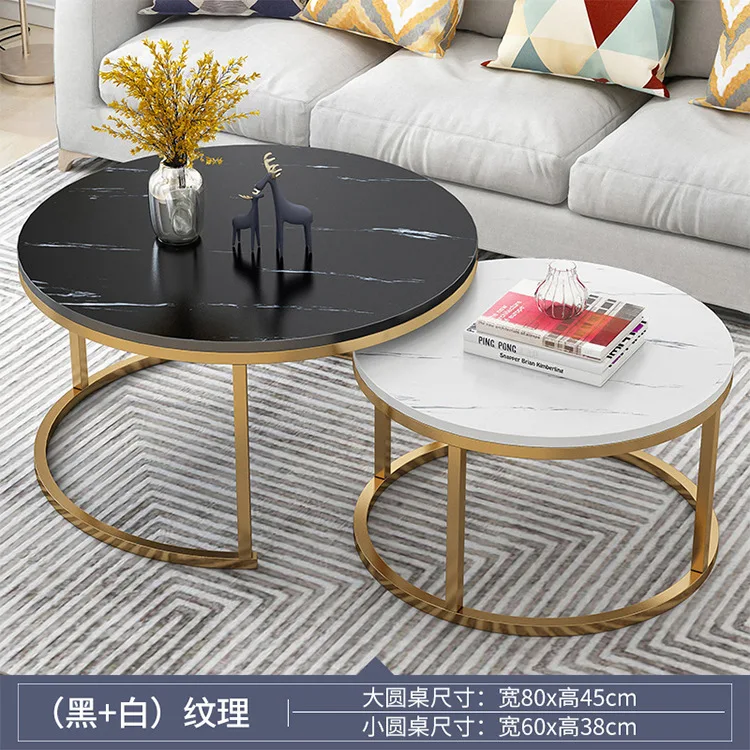 2PCS 2 in 1 Round Tea Table Living Room Coffee Tables Marble Texture Wooden Combination Furniture Durable Table 70+50CM 80+60CM