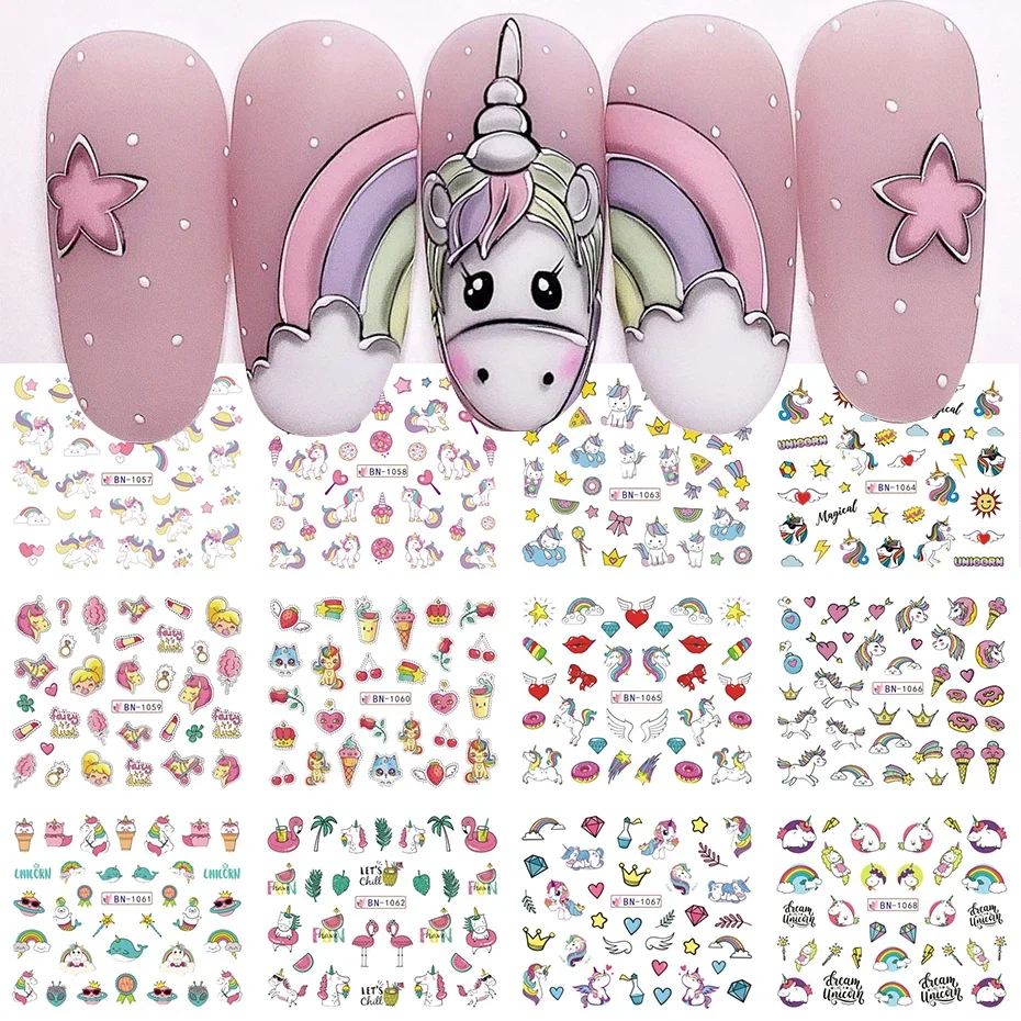 12pcs Unicorn Nail Water Stickers Pink Horse Sweet Love Ice Cream Donut Transfer Sliders Rainbow Dopamine Design Manicure Foils