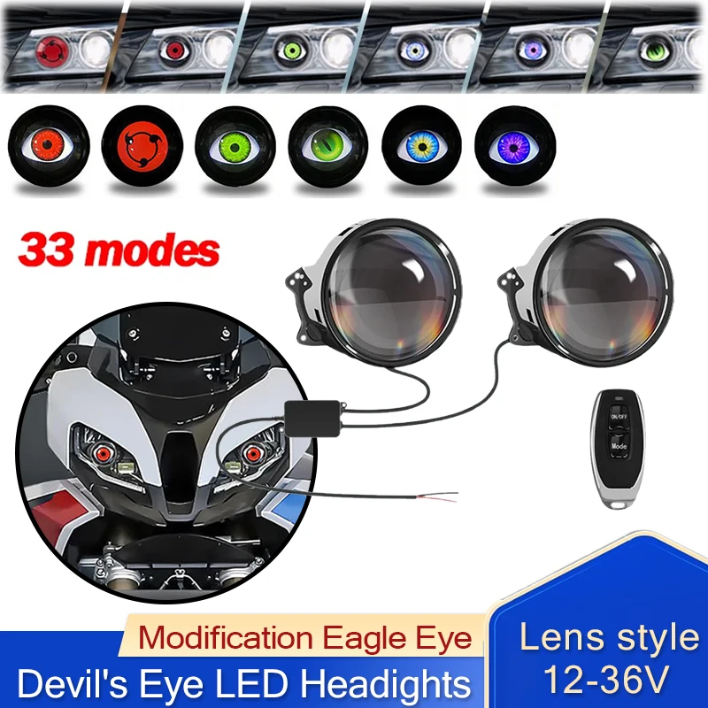 

12-36V LED Car Dynamic Devil Eye Large Light Angel eyes Dynamic Headlight Assembly With Remote Control 6 Low Light Modes Control
