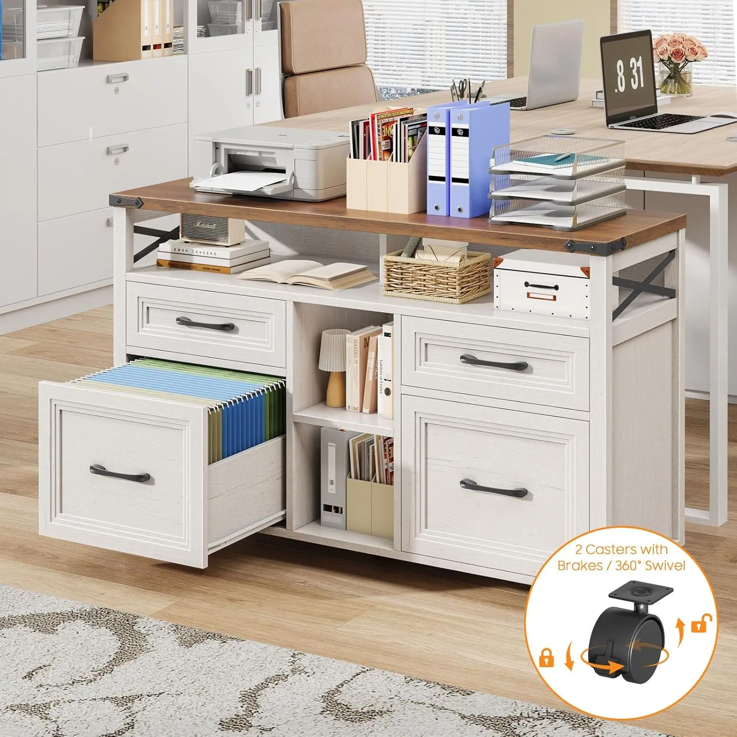 Farmhouse Filing Cabinet with Adjustable Shelf & Wheels, Lateral File Cabinets, Office Storage Cabinet with 4, Customized