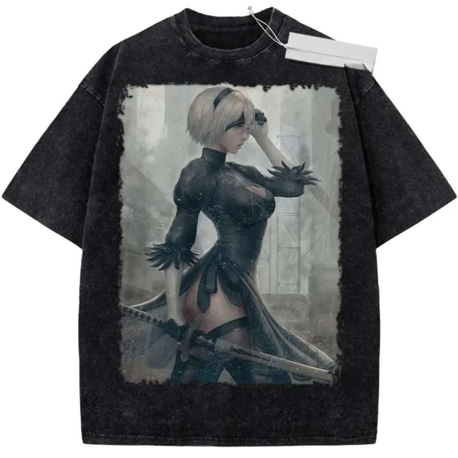 2026 Sommer NieR Automata 2B YoRHa Maid Anime Washed T-Shirt für Herren und Damen – Vintage Oversized Streetwear Harajuku Lässiges Baumwoll-T-Shirt – Detail 3