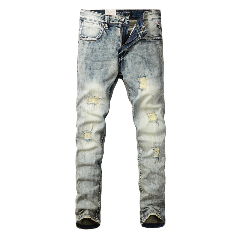 Fashion Designer Men Jeans Retro Washed Stretch Slim Fit Ripped Jeans Men Trousers Patched Vintage Casual Denim Pants Hombre
