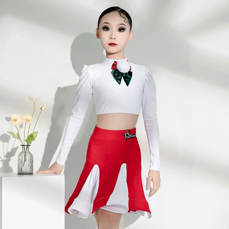 เด็กผู้หญิงชุดฝึกซ้อมเต้นรำละตินมาตรฐานแห่งชาติเสื้อแขนยาวและกระโปรงชุดปาร์ตี้คริสต์มาส