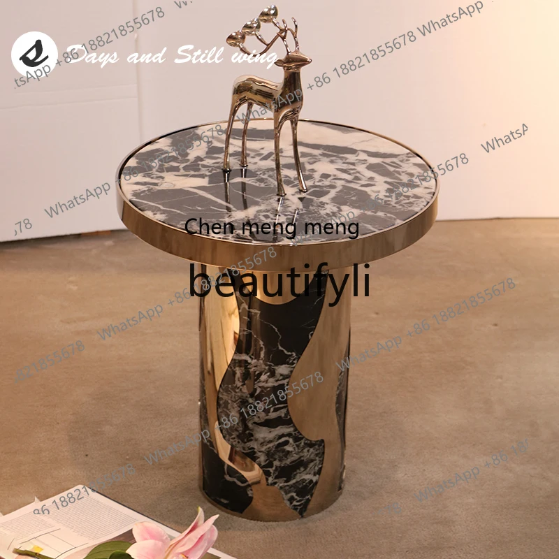 Italian light luxury sofa next to the marble small coffee table modern simple small apartment movable stainless steel edge table