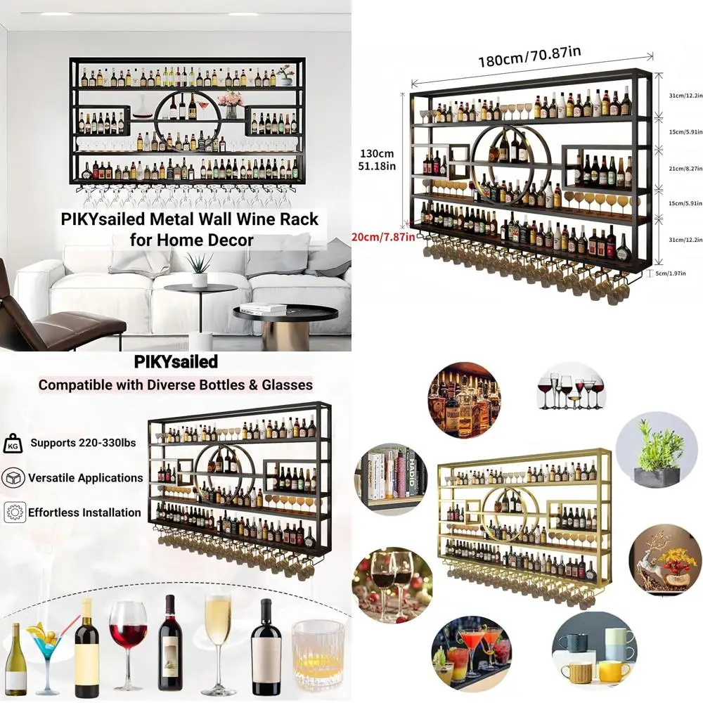 

71" Metal Wine Rack Wall Mounted, Multi unctional Bar Shelves or Liquor Bottles with Glass Holder, ern Wood Bar Shelves Wall Mou