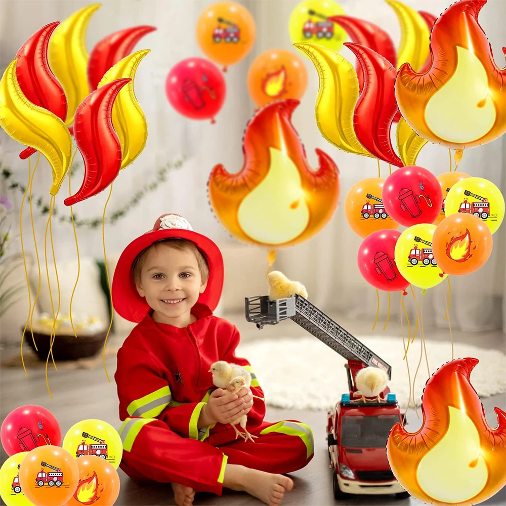 Fire Truck Birthday Decoration Foil Flame Firetruck Number Balloons Kids Boys Firefighter Fireman Sam Party Baby Shower Supplies