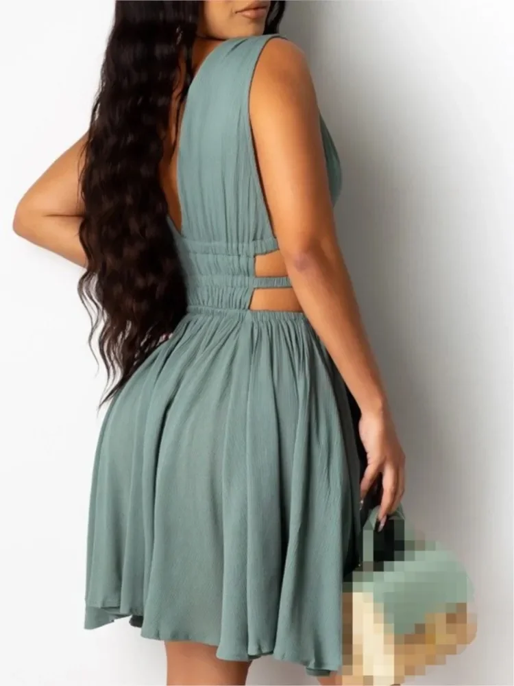 Primavera/Verano moda mujer vestido elegante Sexy versátil inmersión sin mangas recorte fruncido espalda descubierta una línea Mini Dres