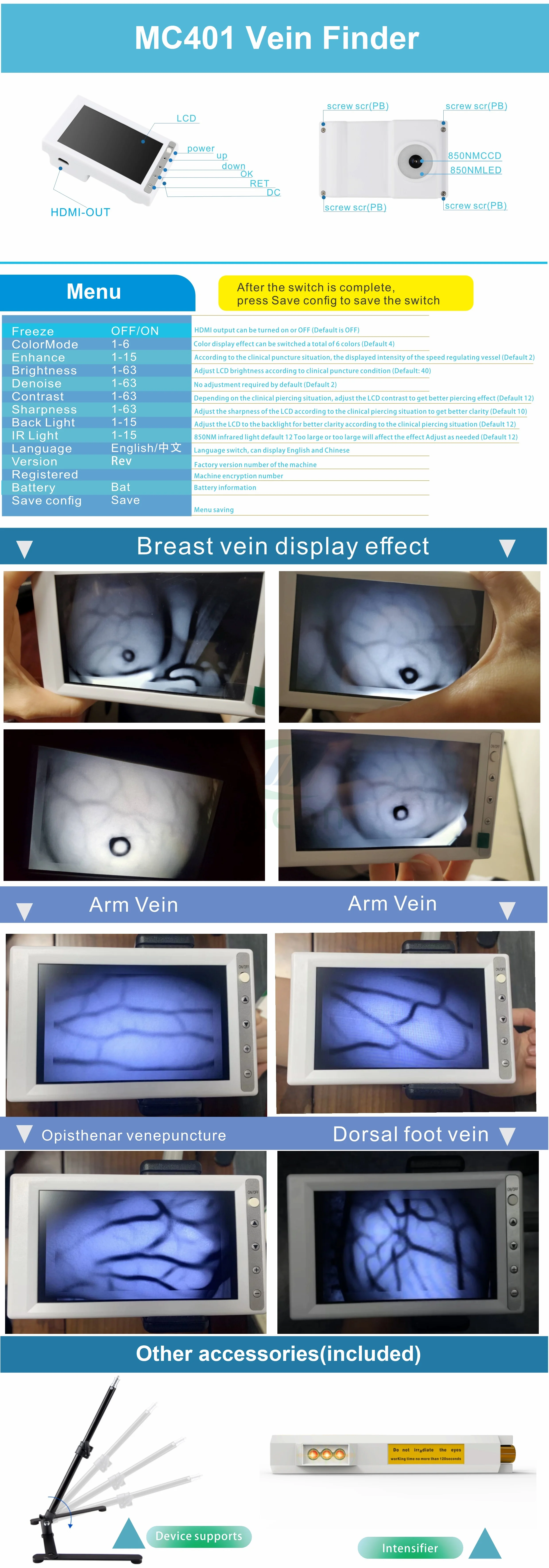 MC401 Advanced model 6 image colors available portable LCD screen display vein finder with good price
