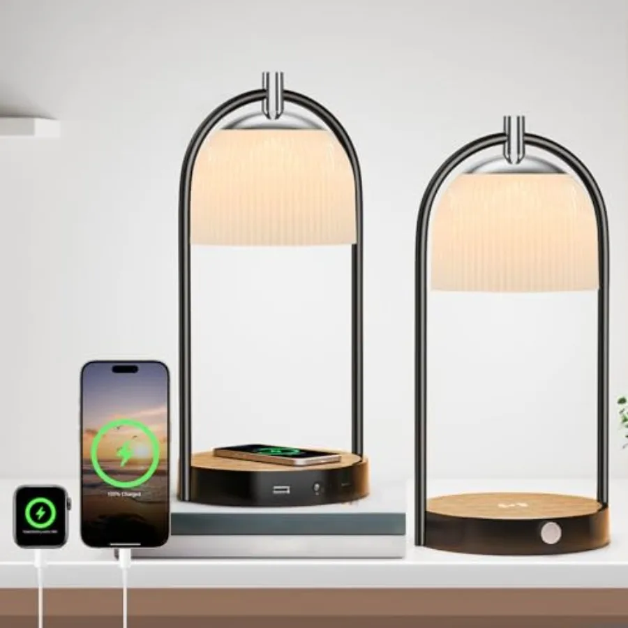 

15W Wireless Charging Bedside LED Table Lamps Set of 2, Modern Small Nightstand Lights with Type-CandUSB-Port, Dimmable Night D