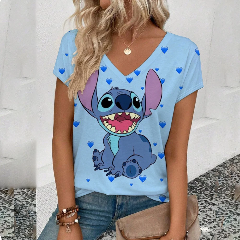 Kawaii Lilo Stitch Print T-shirts Tops for Women Lady Summer Children T-shirts Casual V-neck Ohana Stitch Disney T-shirts